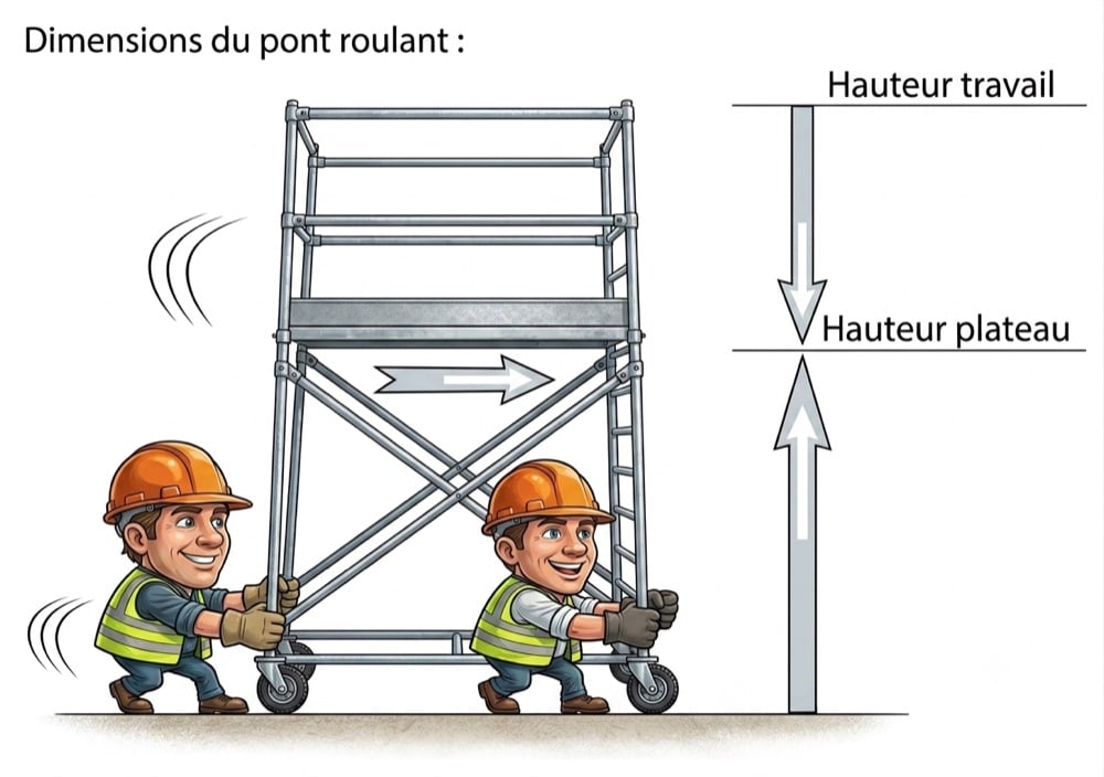 Schéma : hauteur de travail = hauteur du plateau + 2,00 m
